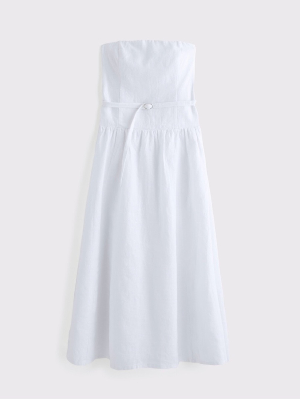 Premium Linen Drop-Waist Strapless Belted White Linen Midi Dress